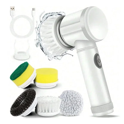 Cordless electric rotary scrubber with 5 replaceable brush heads, rechargeable bathroom and kitchen tile cleaning brush