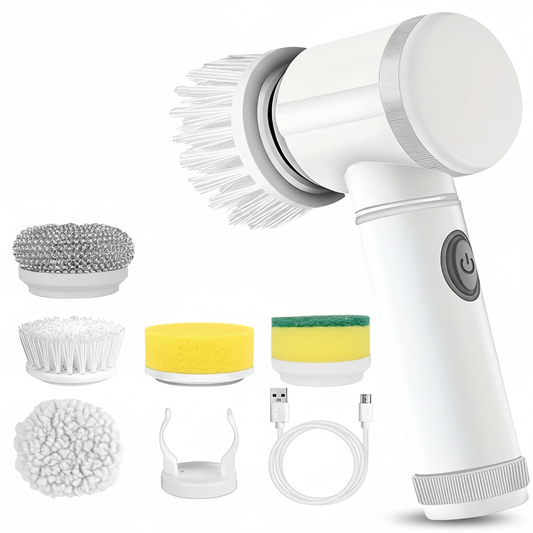Cordless electric rotary scrubber with 5 replaceable brush heads, rechargeable bathroom and kitchen tile cleaning brush