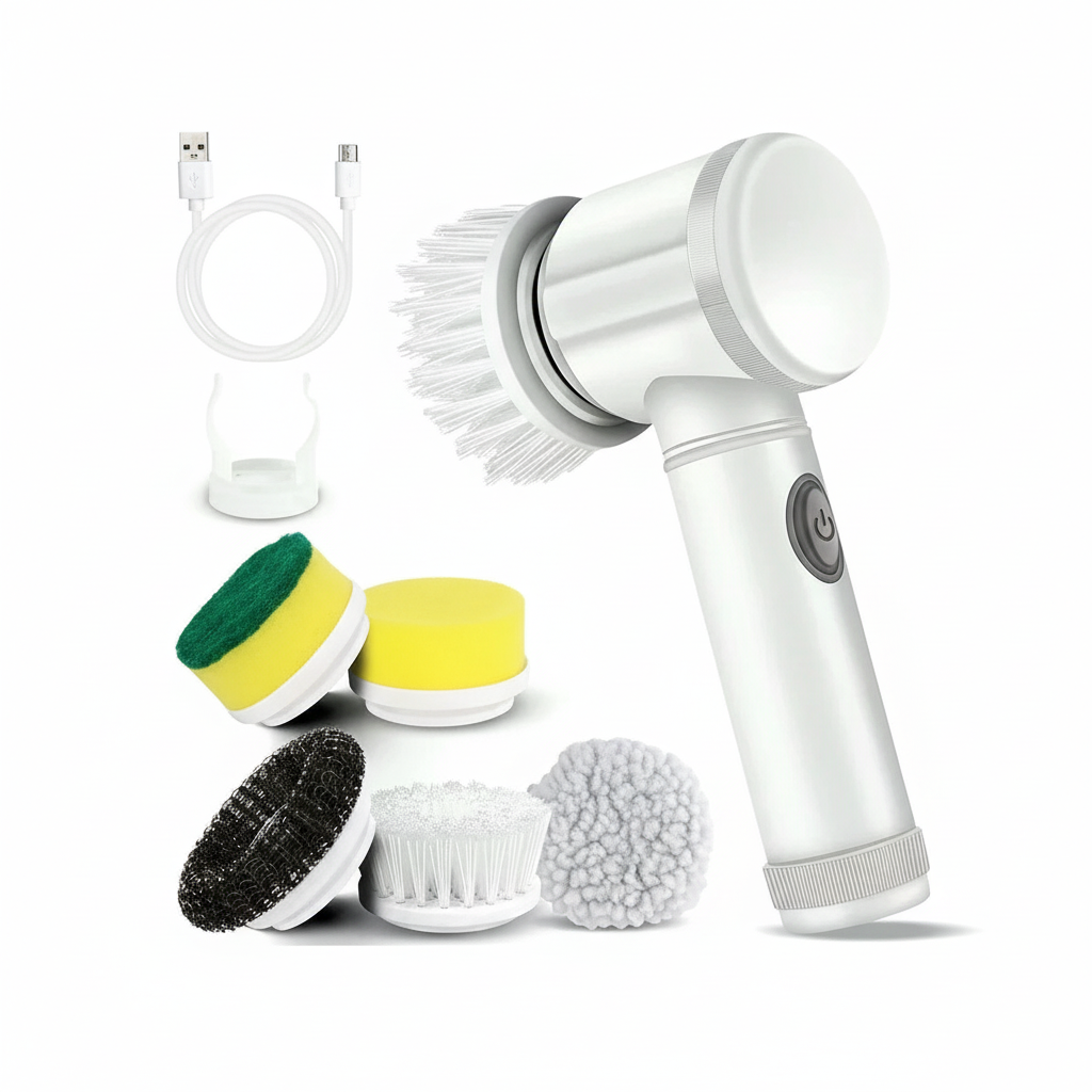 Cordless electric rotary scrubber with 5 replaceable brush heads, rechargeable bathroom and kitchen tile cleaning brush